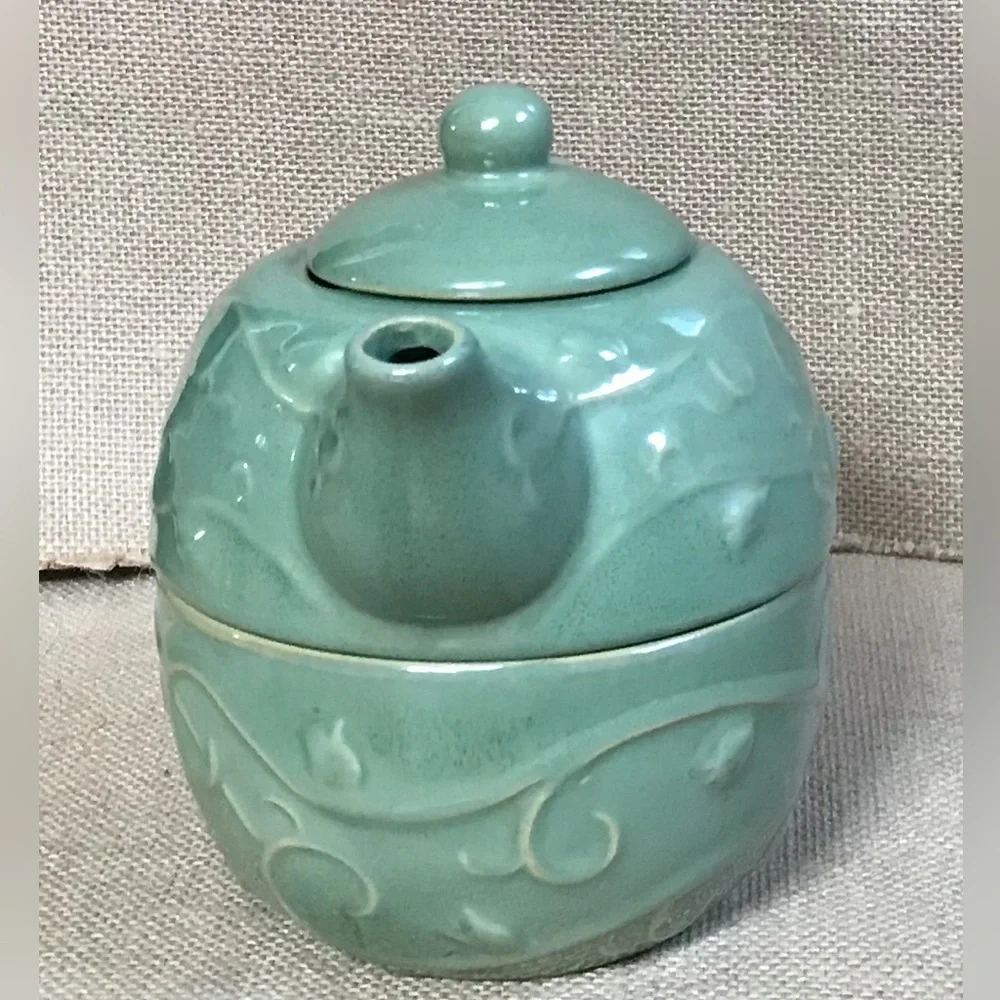 Pier 1 Light Green Embossed Stackable Teapot Coffee Mug Cottage Core Coastal